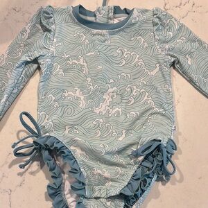Kids Swim Long Sleeve Swimsuit - Blue Wave Pattern